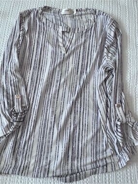 Petite large CURE California Cream and Black Striped Roll-Tab Tunic